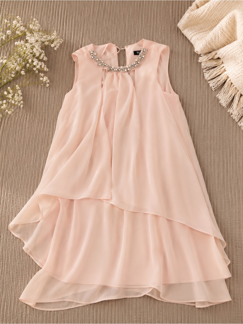 SLNY Blush Pink Layered Chiffon Formal Dress with Jeweled Collar
